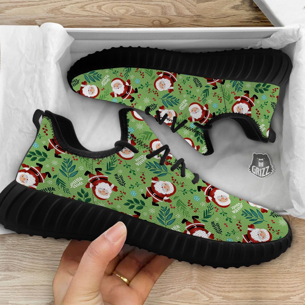 Santa Claus Happy Print Pattern Black Walking Shoes-grizzshop
