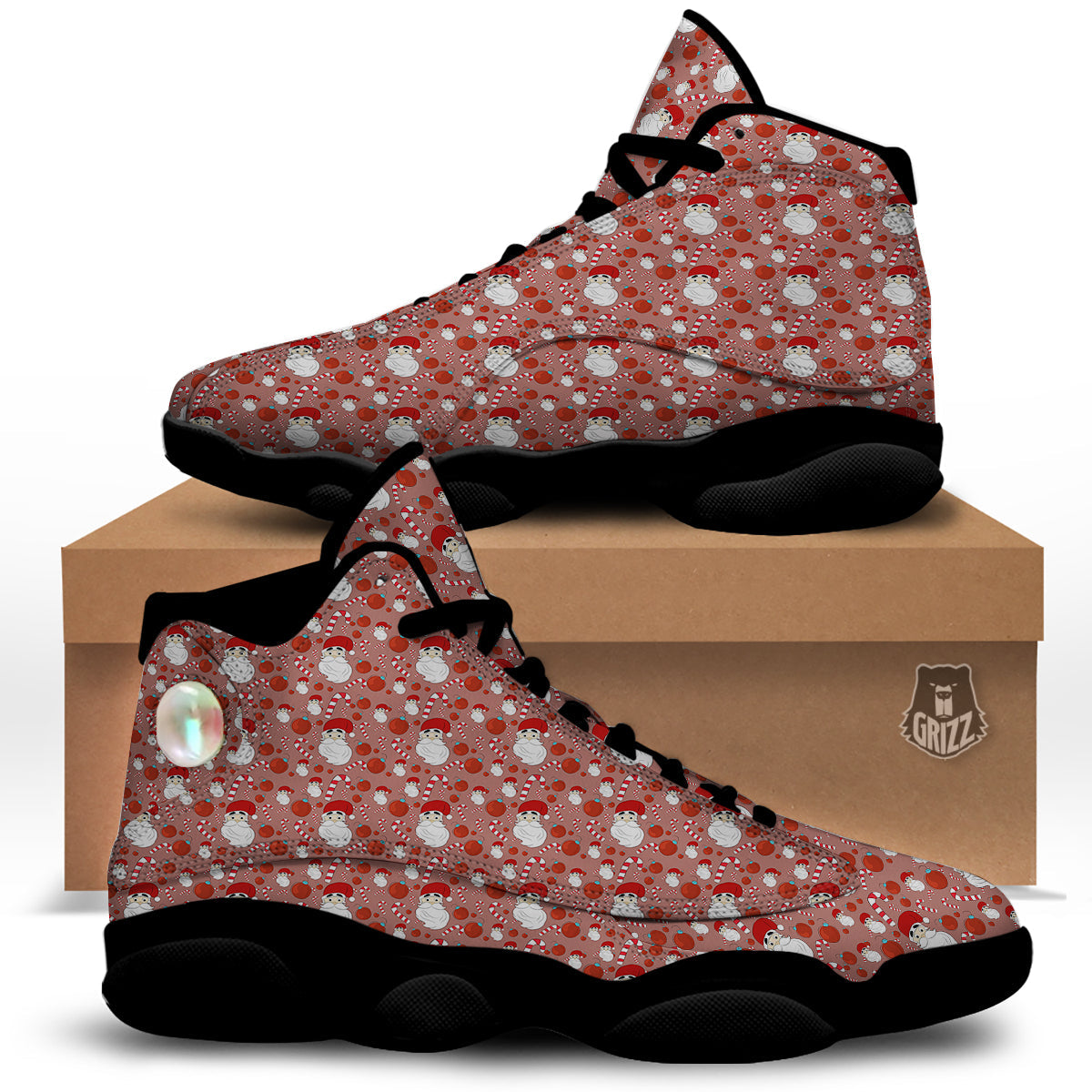 Santa Claus Hat And Candy Print Pattern Black Basketball Shoes-grizzshop