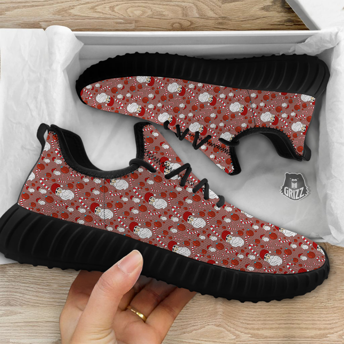 Santa Claus Hat And Candy Print Pattern Black Walking Shoes-grizzshop