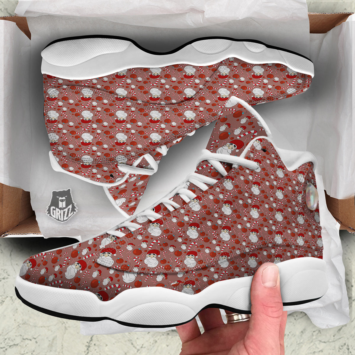 Santa Claus Hat And Candy Print Pattern White Basketball Shoes-grizzshop