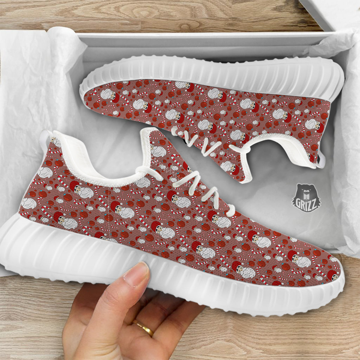 Santa Claus Hat And Candy Print Pattern White Walking Shoes-grizzshop