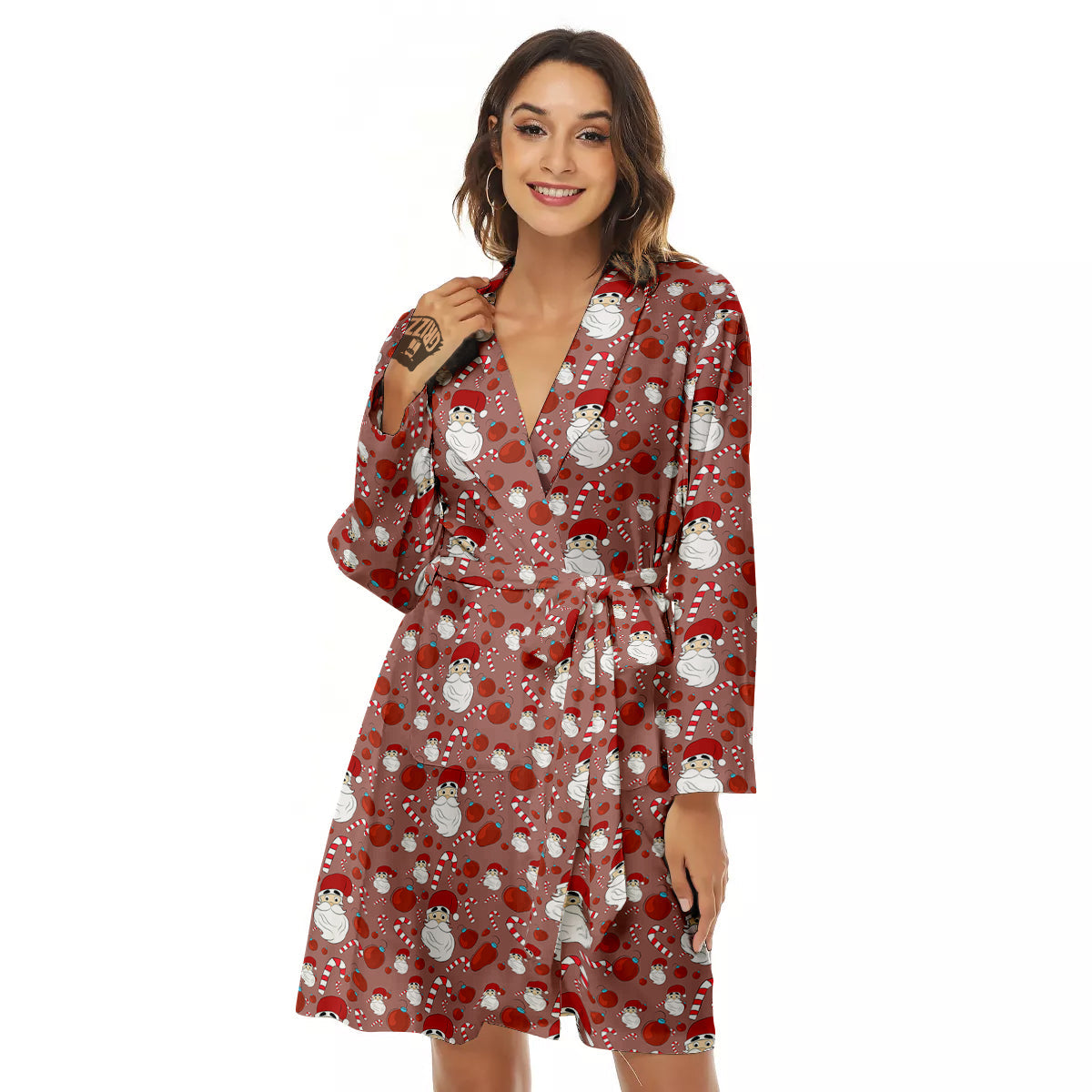 Santa Claus Hat And Candy Print Pattern Women's Robe-grizzshop