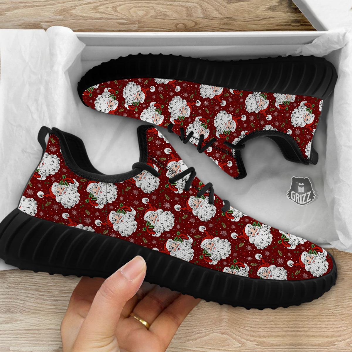 Santa Claus Xmas Print Pattern Black Walking Shoes-grizzshop