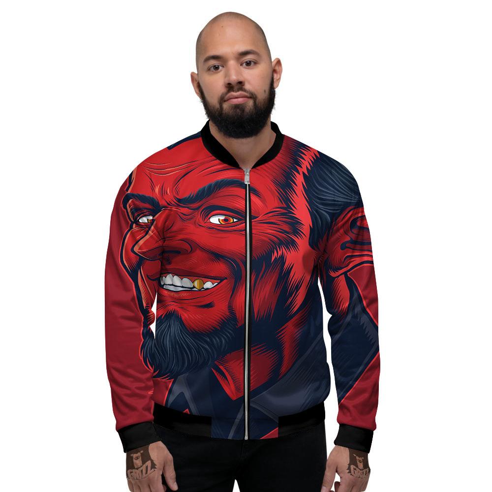 Satan Red Devil Print Men's Bomber Jacket-grizzshop