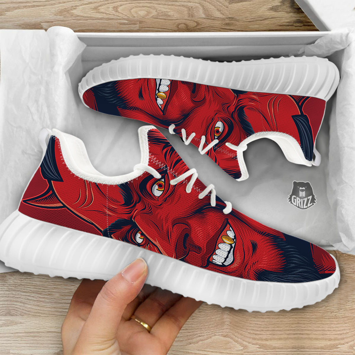 Satan Red Devil Print White Walking Shoes-grizzshop