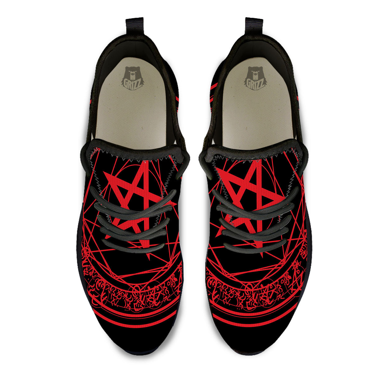 Satanic Pentagram Red And Black Print Black Athletic Shoes-grizzshop