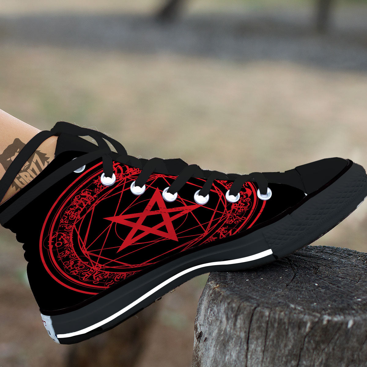 Satanic Pentagram Red And Black Print Black High Top Shoes-grizzshop