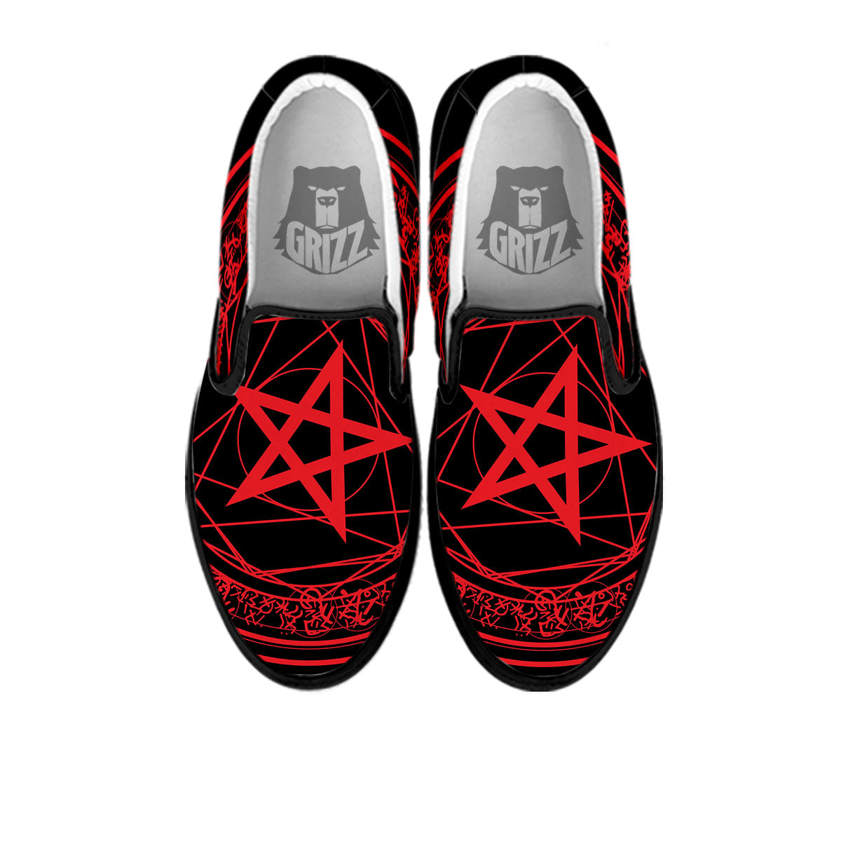 Satanic Pentagram Red And Black Print Black Slip On Shoes-grizzshop