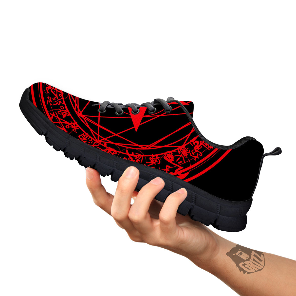 Satanic Pentagram Red And Black Print Black Sneaker-grizzshop