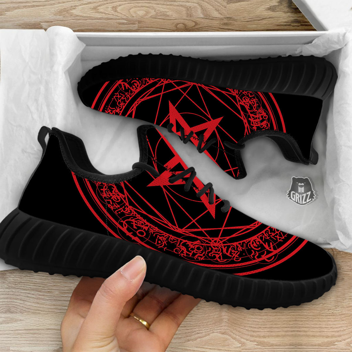 Satanic Pentagram Red And Black Print Black Walking Shoes-grizzshop