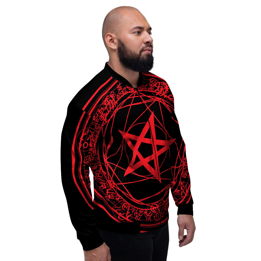 Satanic Pentagram Red And Black Print Men's Bomber Jacket-grizzshop