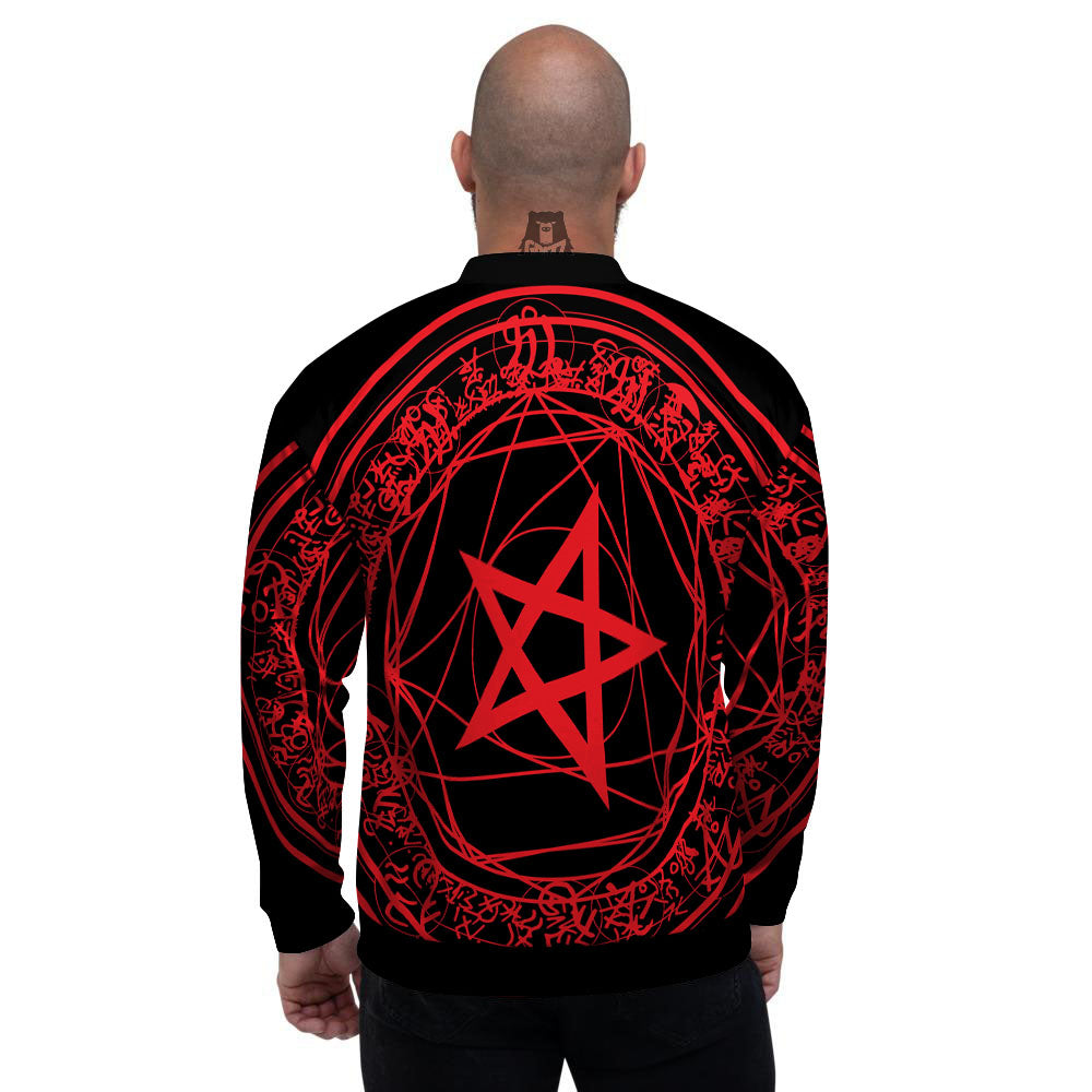 Satanic Pentagram Red And Black Print Men's Bomber Jacket-grizzshop