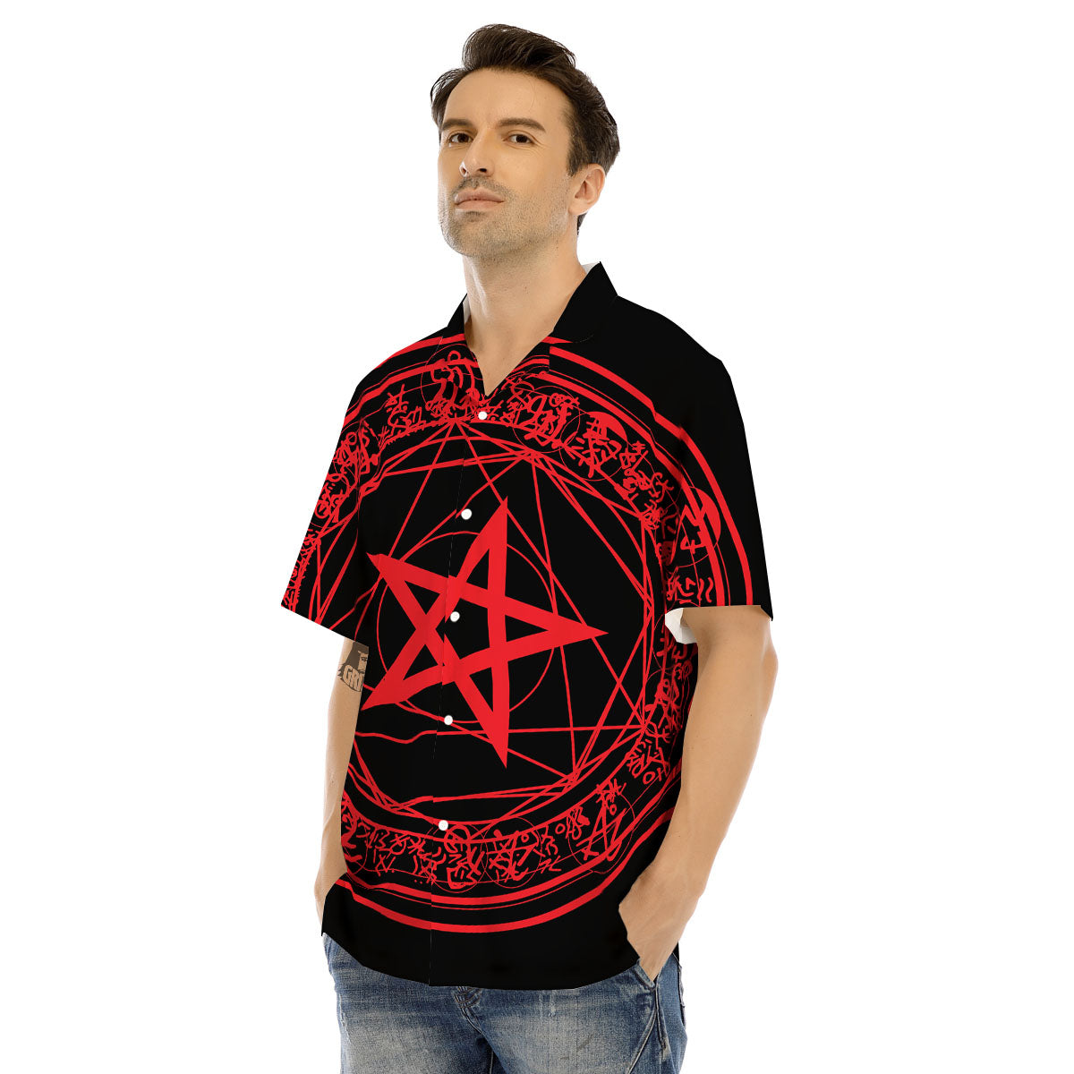 Satanic Pentagram Red And Black Print Men's Hawaiian Shirt-grizzshop