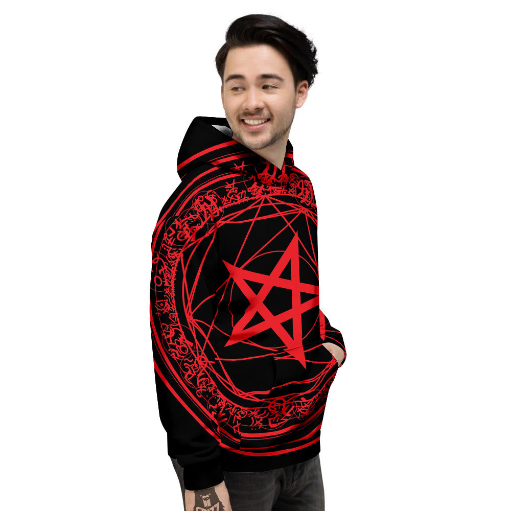 Satanic Pentagram Red And Black Print Men's Hoodie-grizzshop