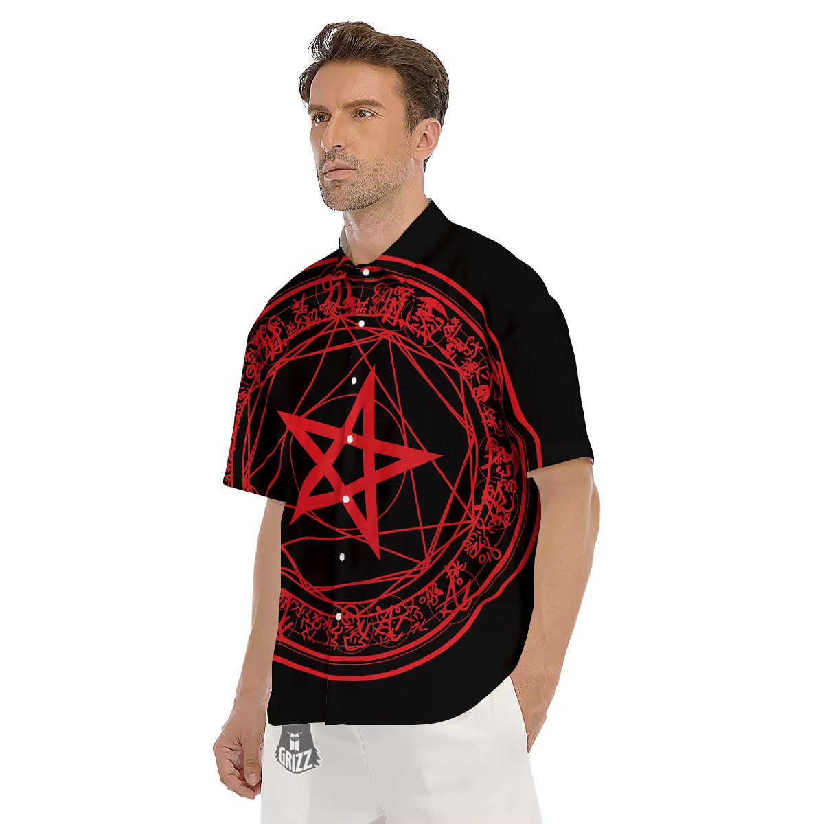 Satanic Pentagram Red And Black Print Men's Short Sleeve Shirts-grizzshop