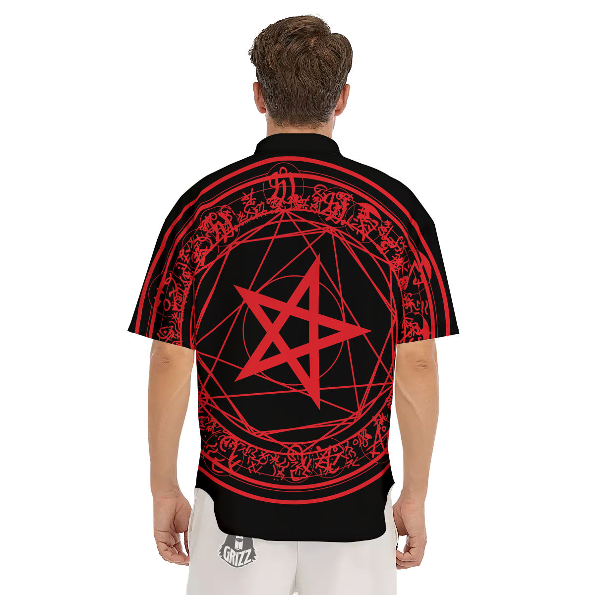 Satanic Pentagram Red And Black Print Men's Short Sleeve Shirts-grizzshop