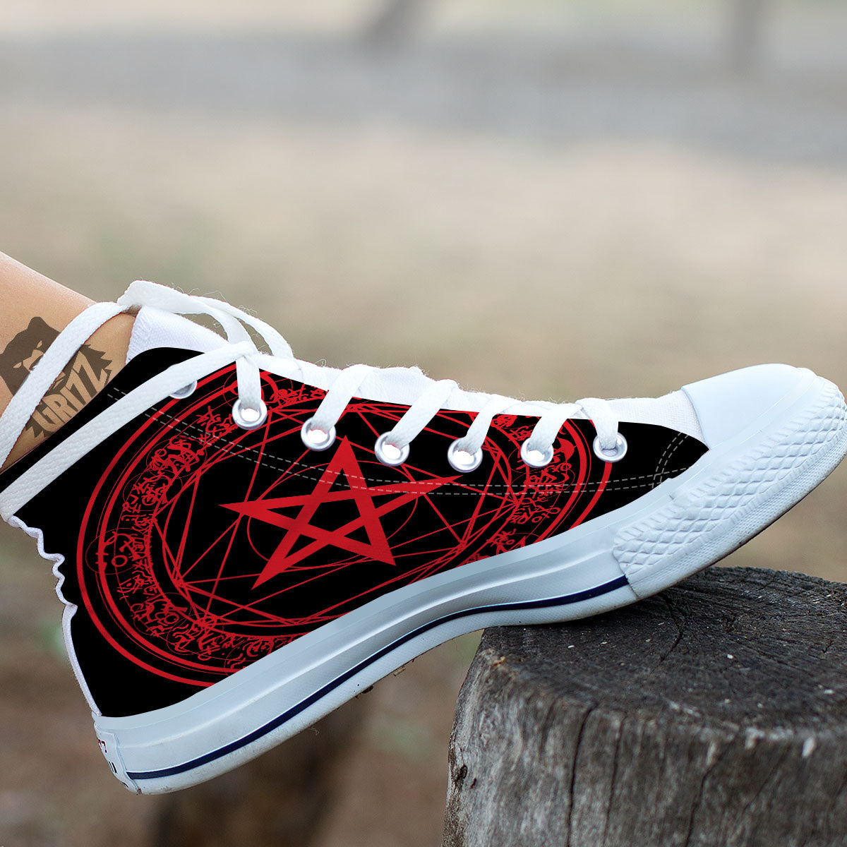Satanic Pentagram Red And Black Print White High Top Shoes-grizzshop