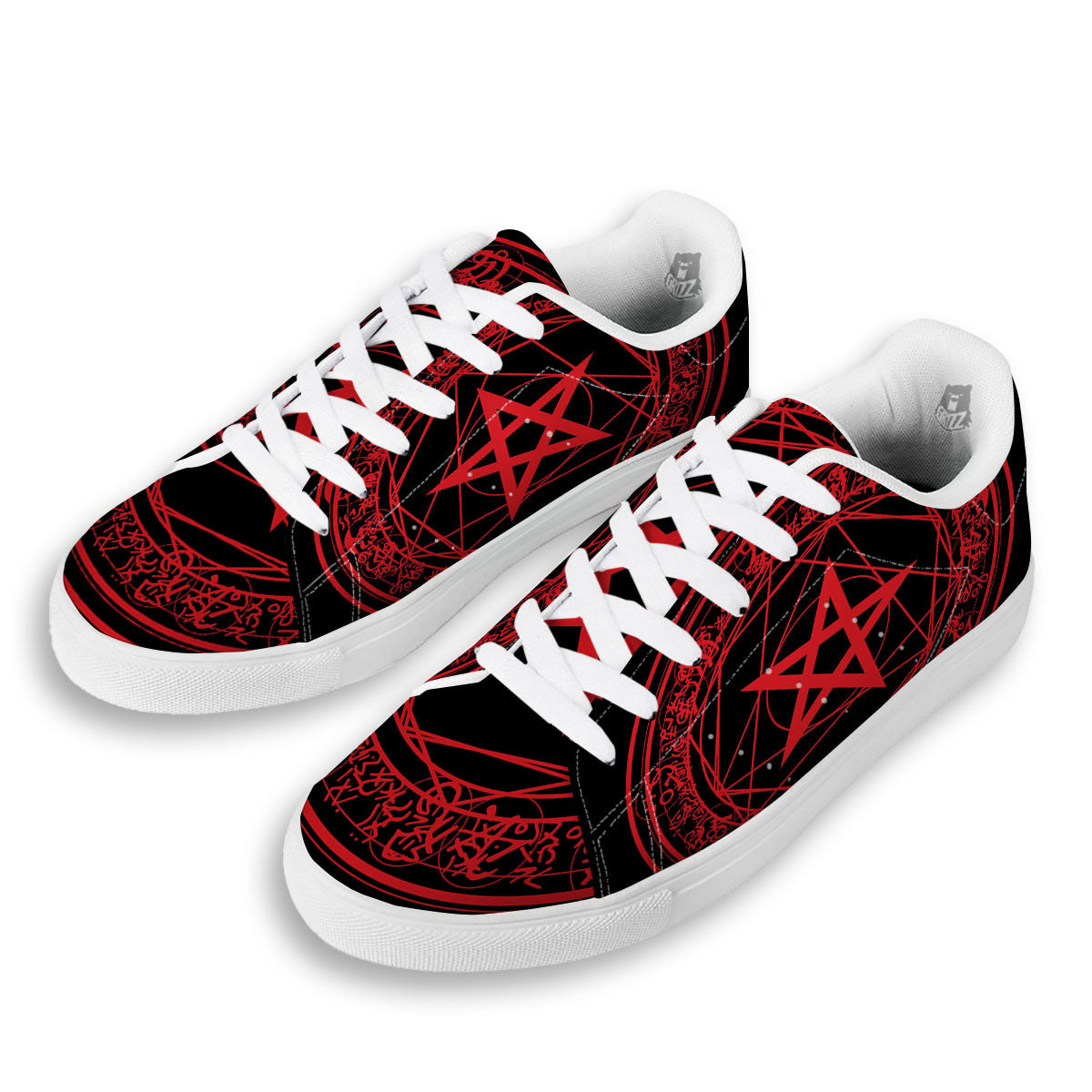 Satanic Pentagram Red And Black Print White Low Top Sneakers-grizzshop