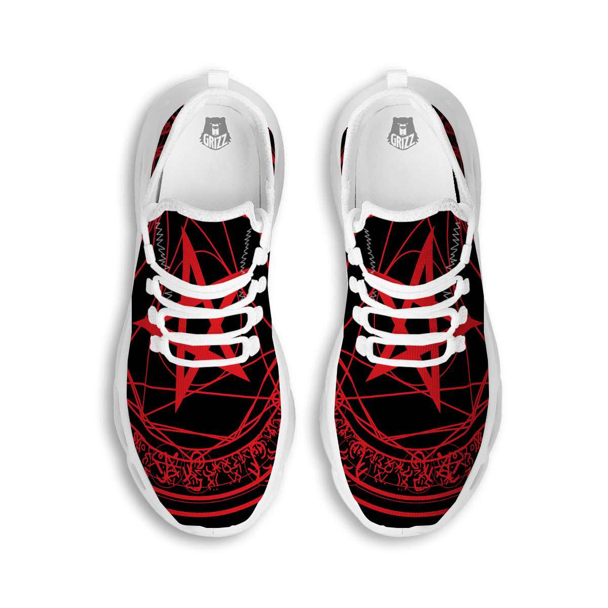 Satanic Pentagram Red And Black Print White Running Shoes-grizzshop