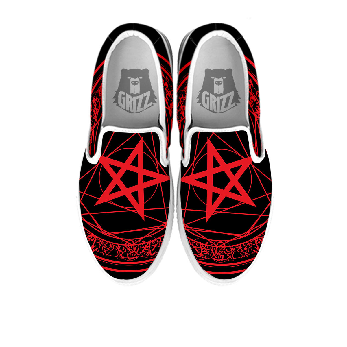 Satanic Pentagram Red And Black Print White Slip On Shoes-grizzshop