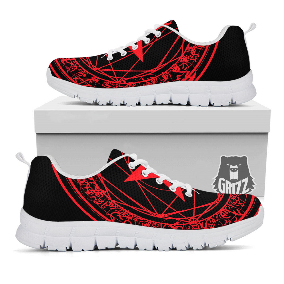 Satanic Pentagram Red And Black Print White Sneaker-grizzshop