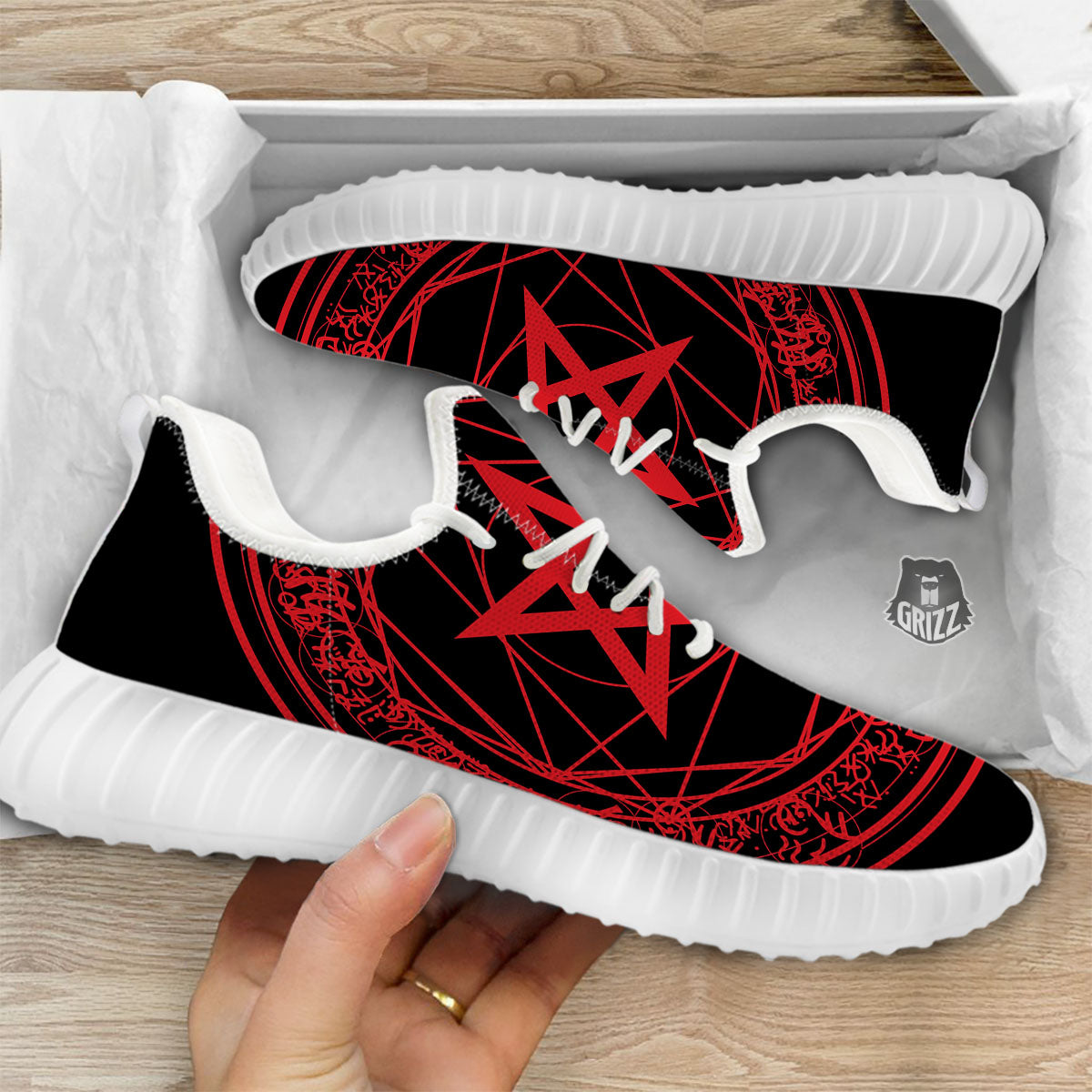 Satanic Pentagram Red And Black Print White Walking Shoes-grizzshop