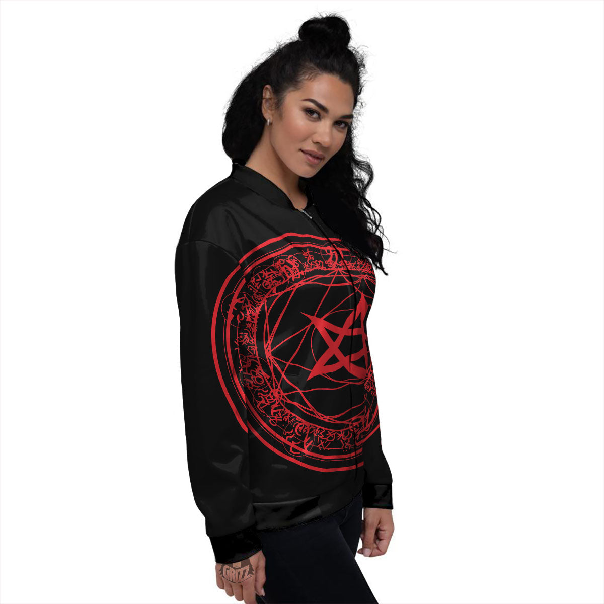 Satanic Pentagram Red And Black Print Women's Bomber Jacket-grizzshop