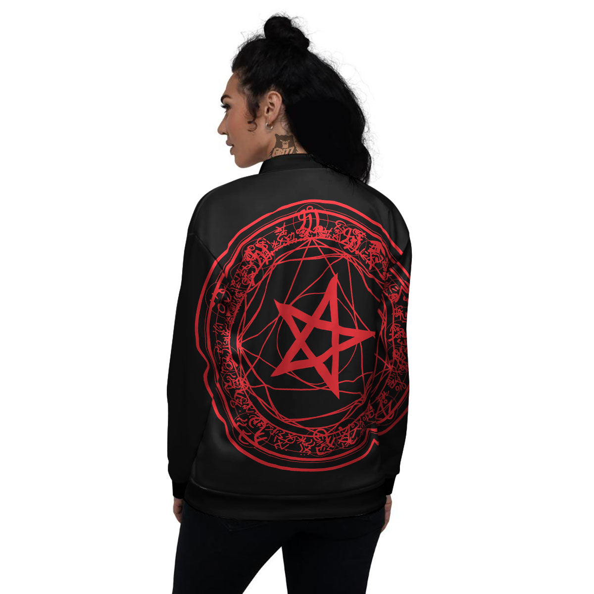 Satanic Pentagram Red And Black Print Women's Bomber Jacket-grizzshop