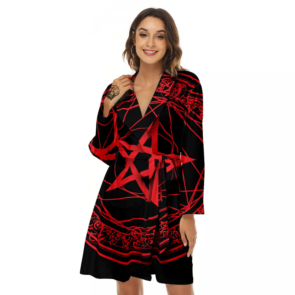 Satanic Pentagram Red And Black Print Women's Robe-grizzshop