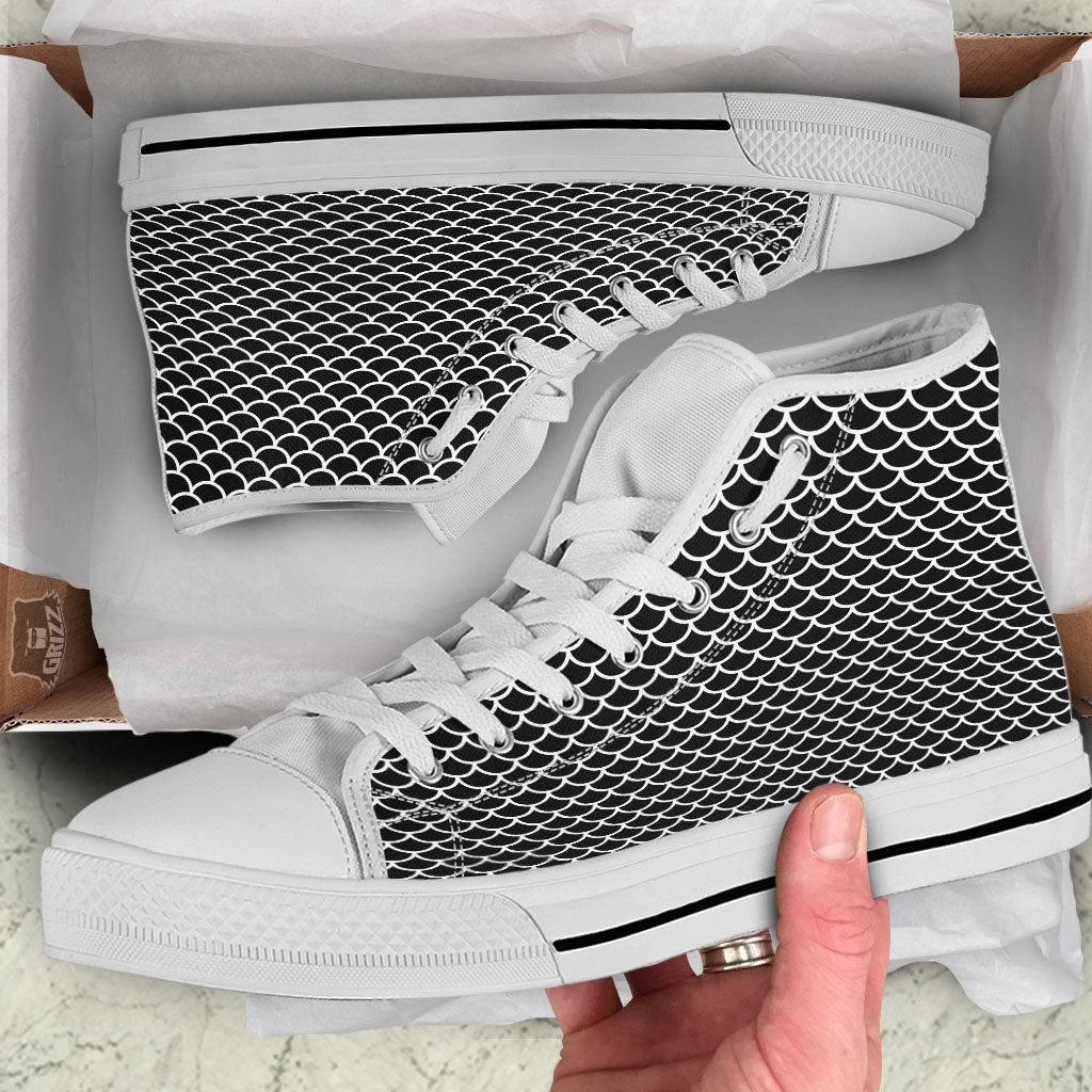 Scales Black Mermaid Print Pattern White High Top Shoes-grizzshop