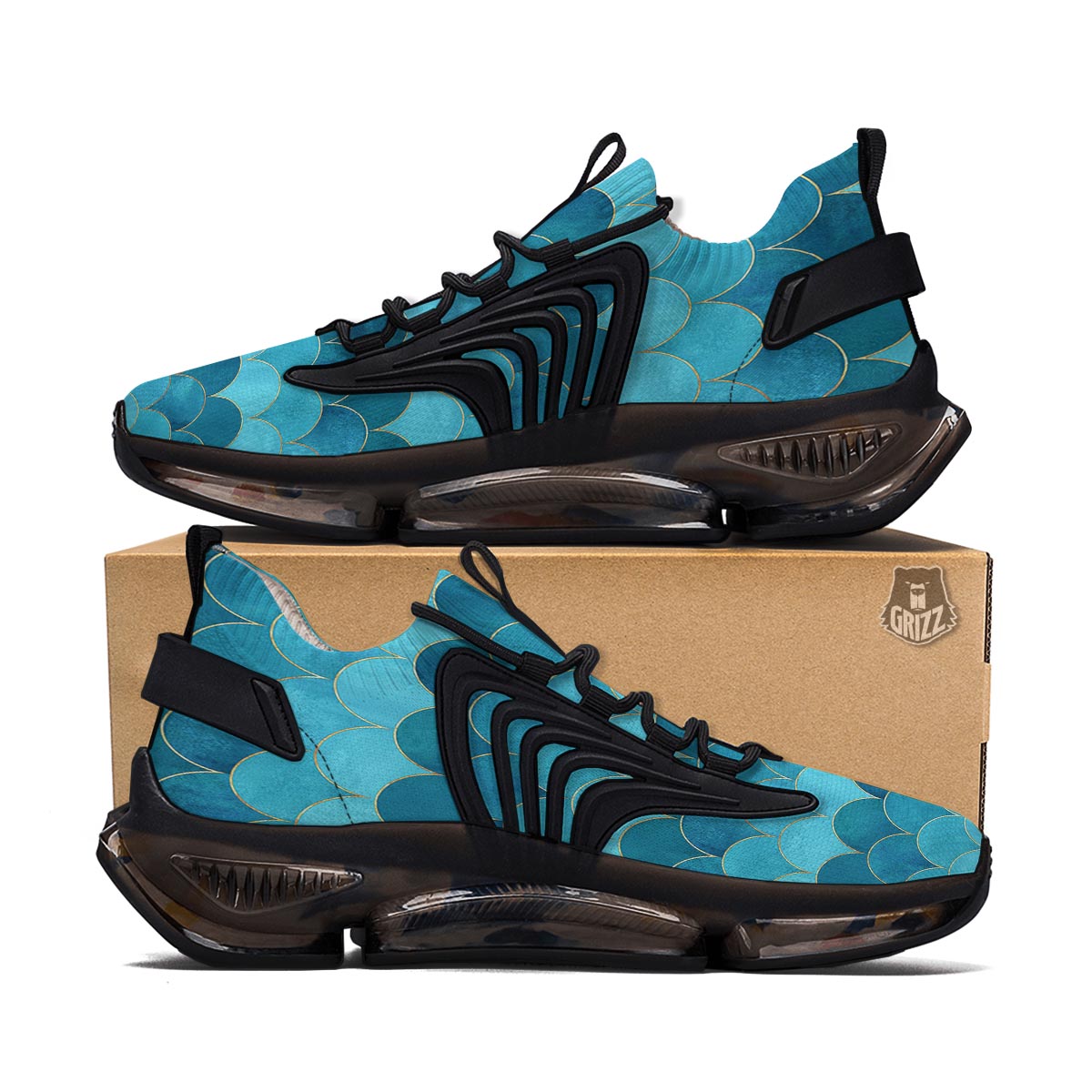 Scales Teal Mermaid Print Pattern Black Gym Shoes-grizzshop