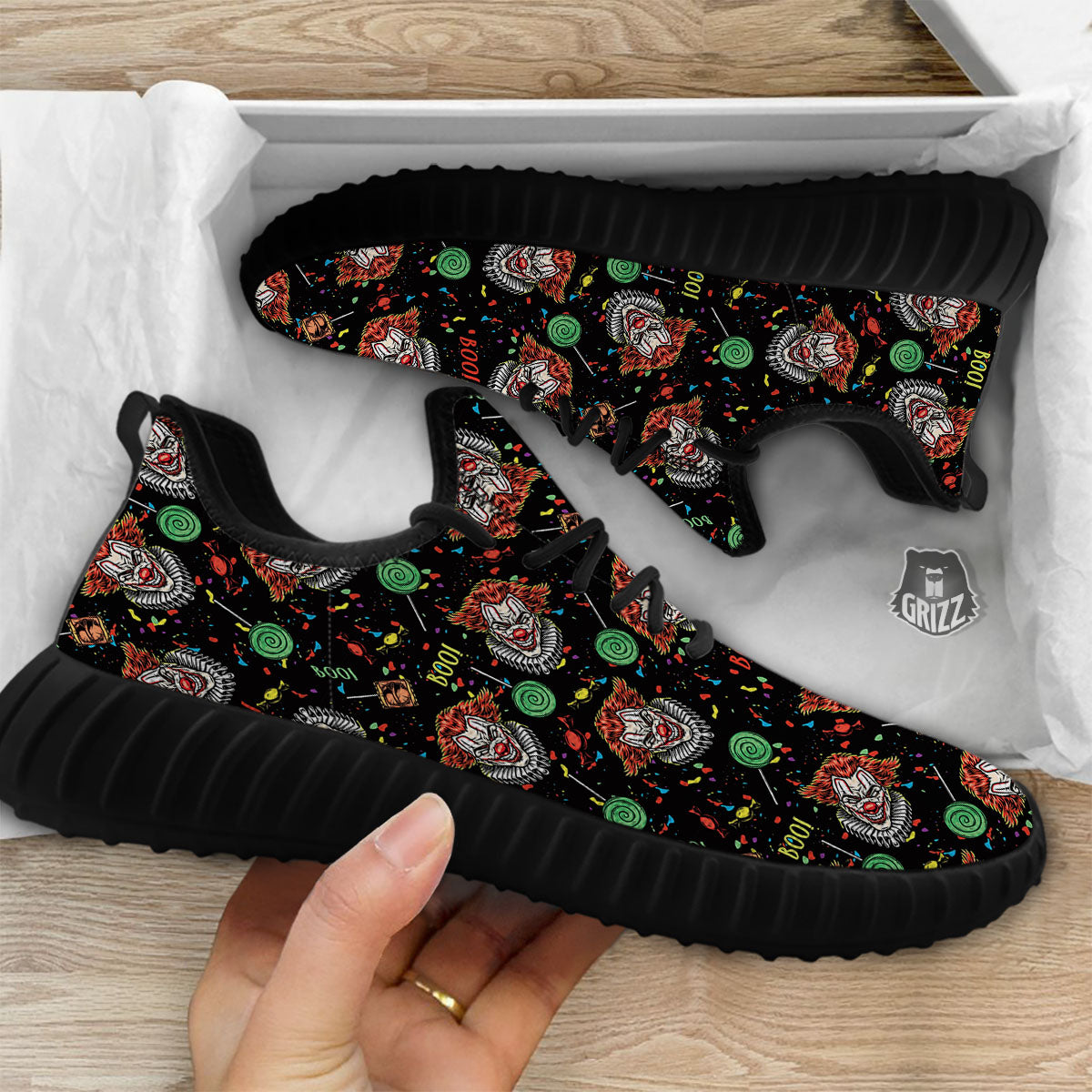 Scary Clown Halloween Print Pattern Black Walking Shoes-grizzshop