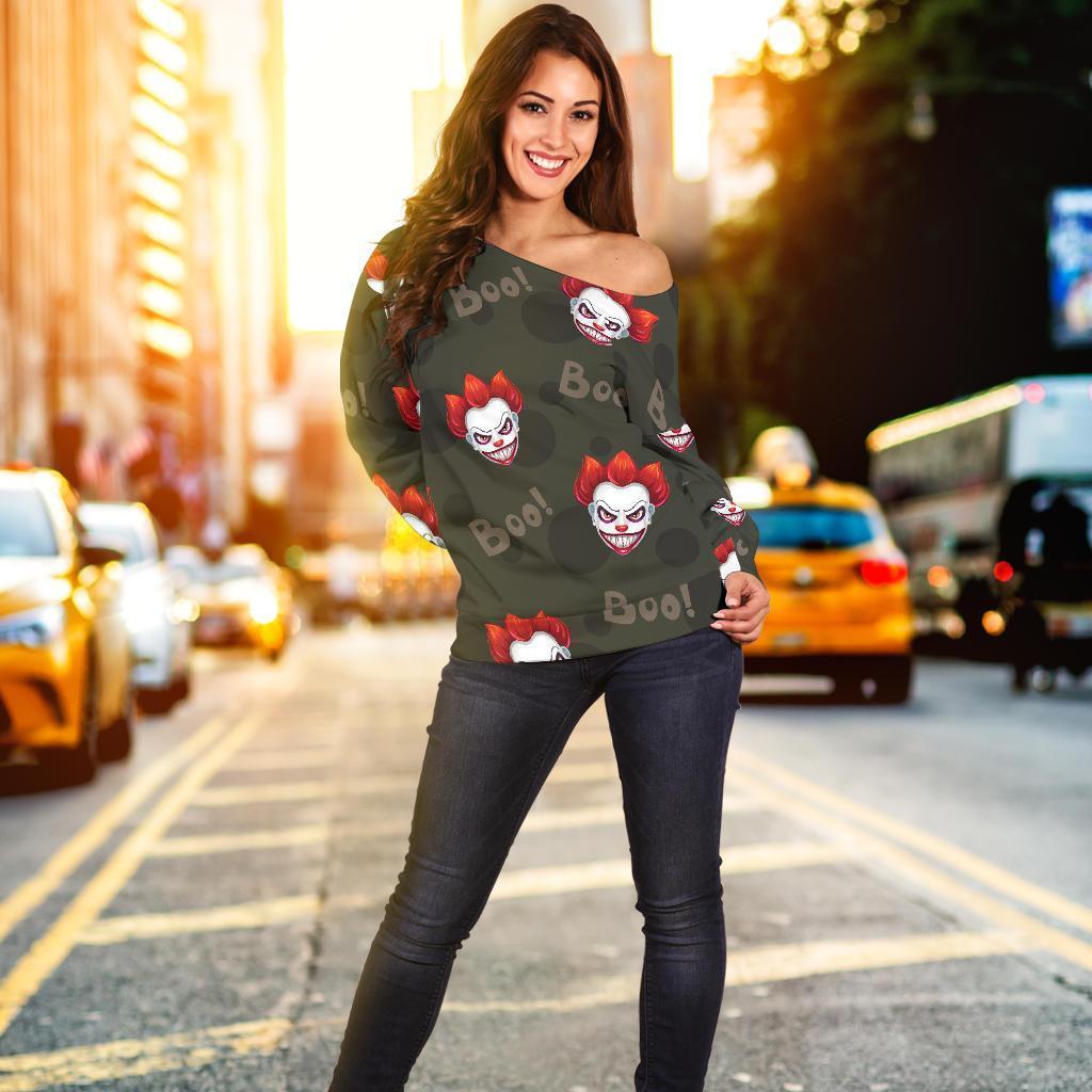 Scary Clown Print Pattern Women Off Shoulder Sweatshirt-grizzshop