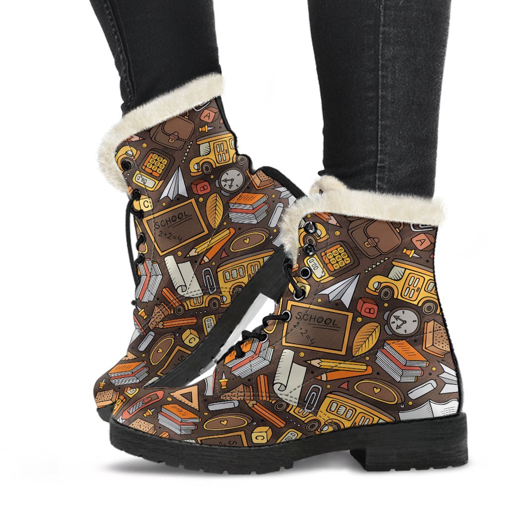 School Bus Teacher Pattern Print Comfy Winter Boots-grizzshop