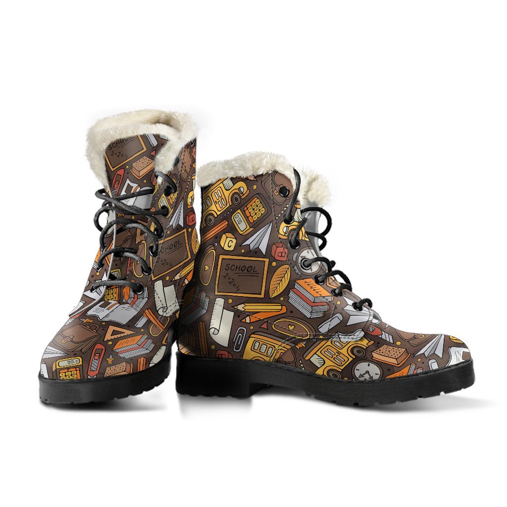 School Bus Teacher Pattern Print Comfy Winter Boots-grizzshop