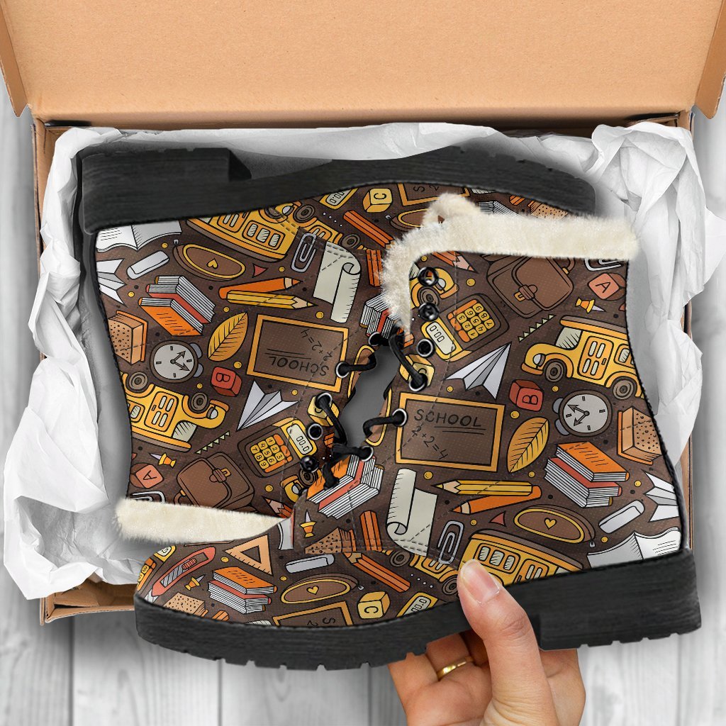 School Bus Teacher Pattern Print Comfy Winter Boots-grizzshop