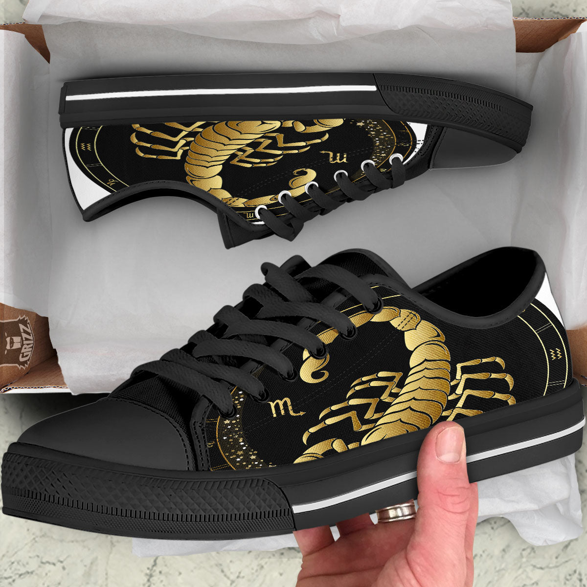 Scorpio Sign Black And Gold Print Black Low Top Shoes-grizzshop