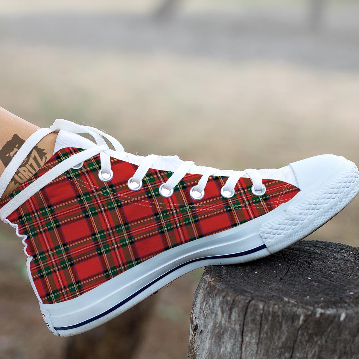 Scottish Stewart Tartan Print Pattern White High Top Shoes-grizzshop