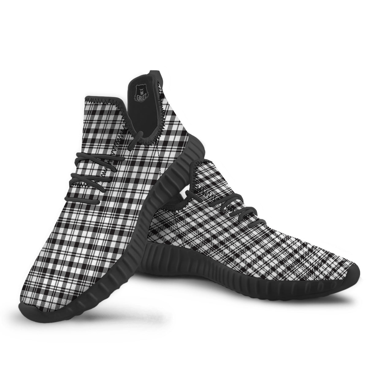 Scottish Tartan Black Watch Print Black Walking Shoes-grizzshop