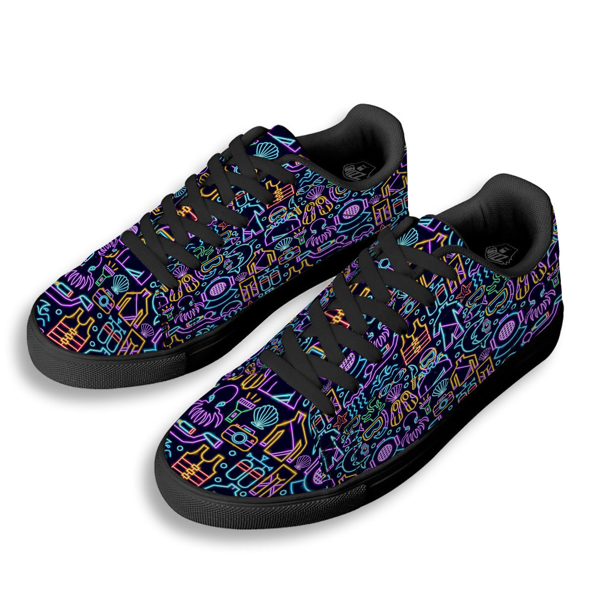 Scuba Diver Neon Print Pattern Black Low Top Sneakers-grizzshop
