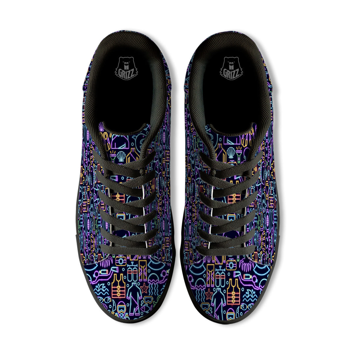 Scuba Diver Neon Print Pattern Black Low Top Sneakers-grizzshop