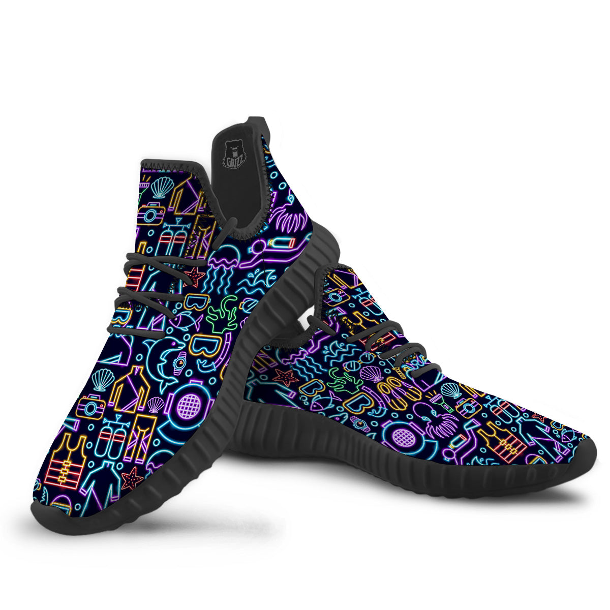 Scuba Diver Neon Print Pattern Black Walking Shoes-grizzshop