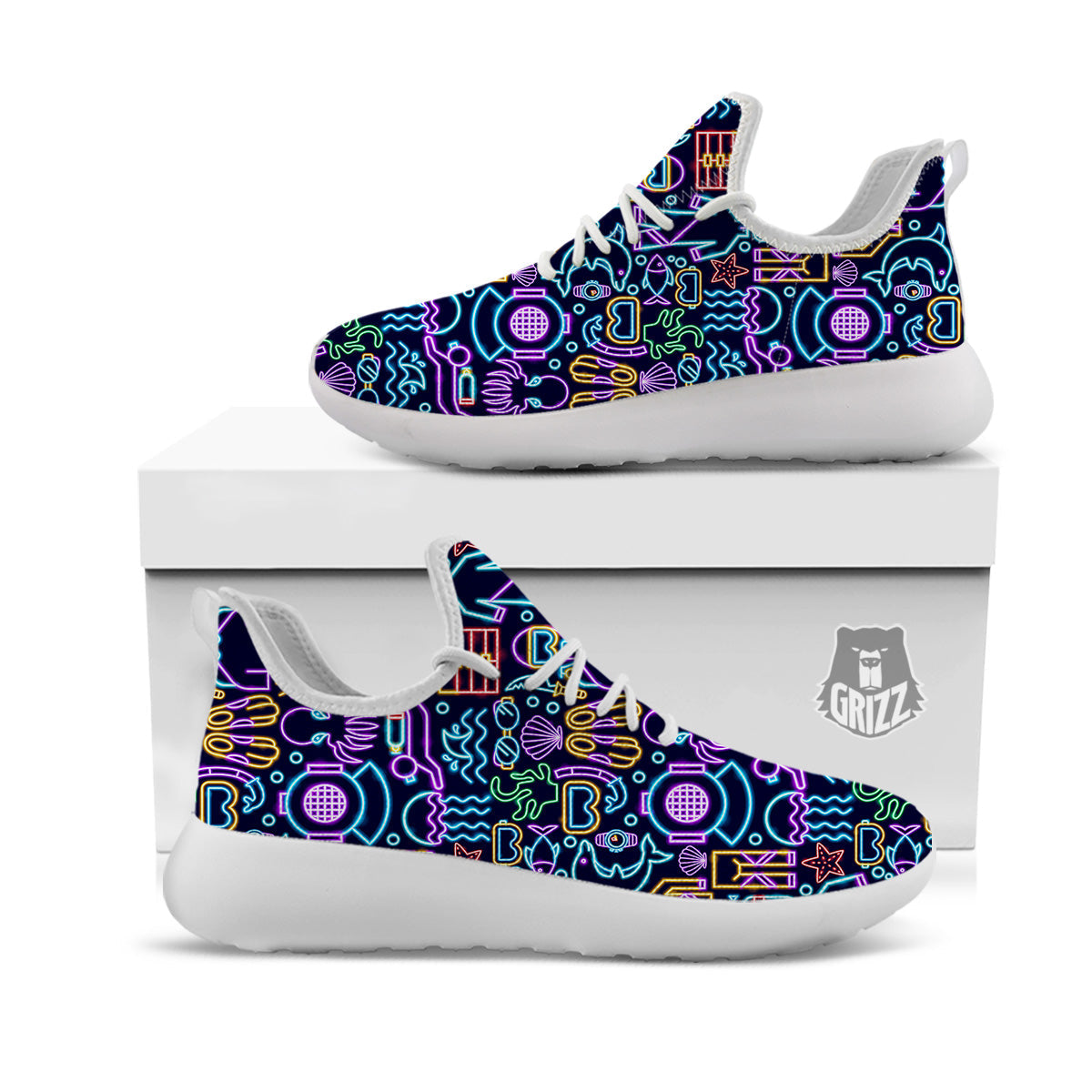 Scuba Diver Neon Print Pattern White Athletic Shoes-grizzshop