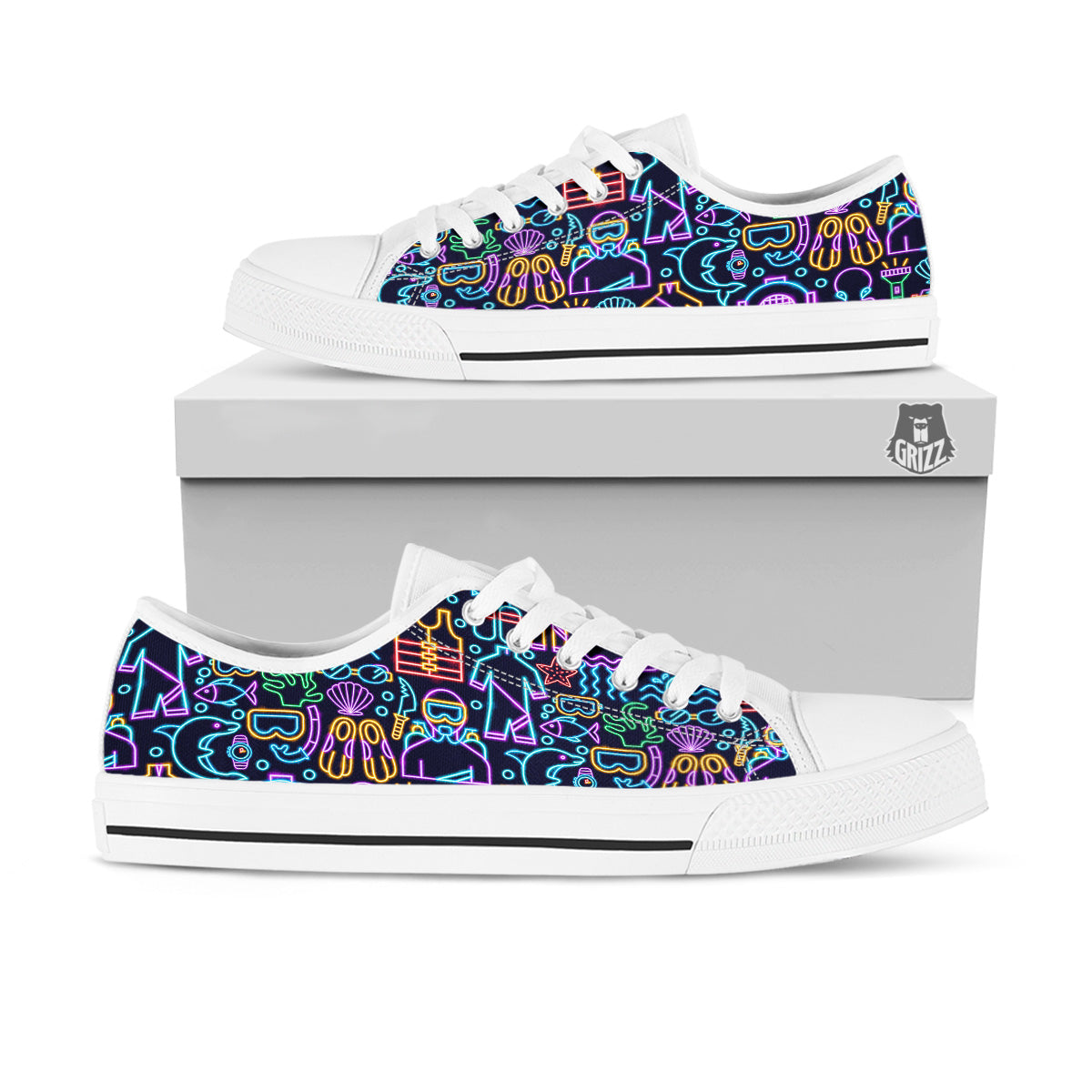 Scuba Diver Neon Print Pattern White Low Top Shoes-grizzshop