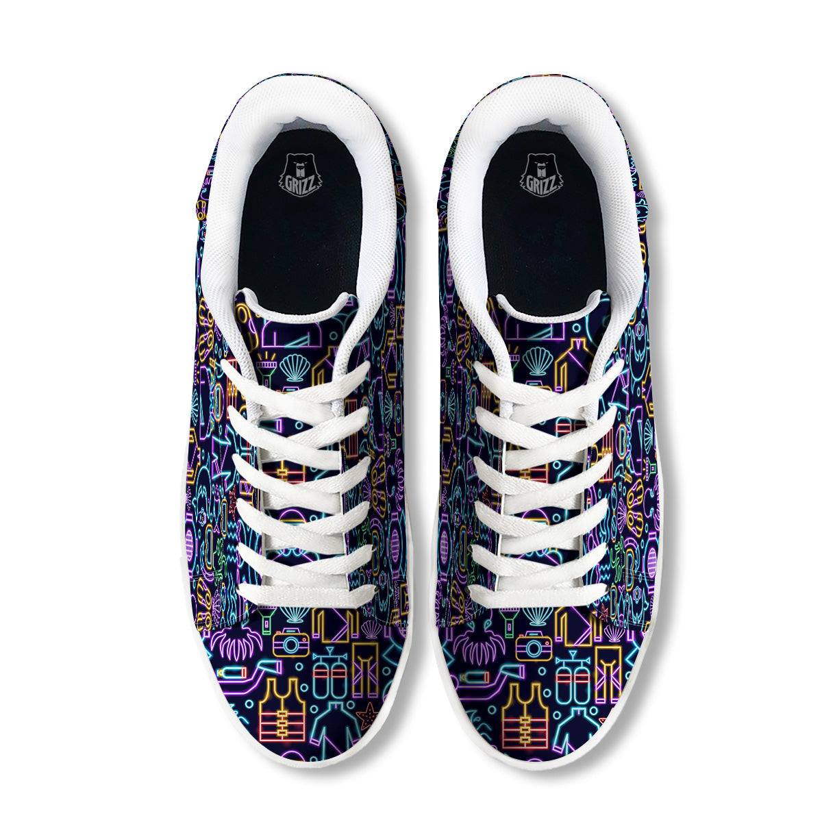 Scuba Diver Neon Print Pattern White Low Top Sneakers-grizzshop