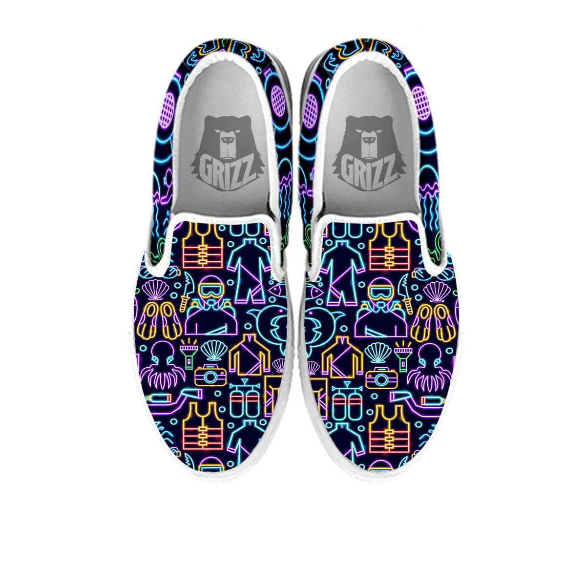Scuba Diver Neon Print Pattern White Slip On Shoes-grizzshop