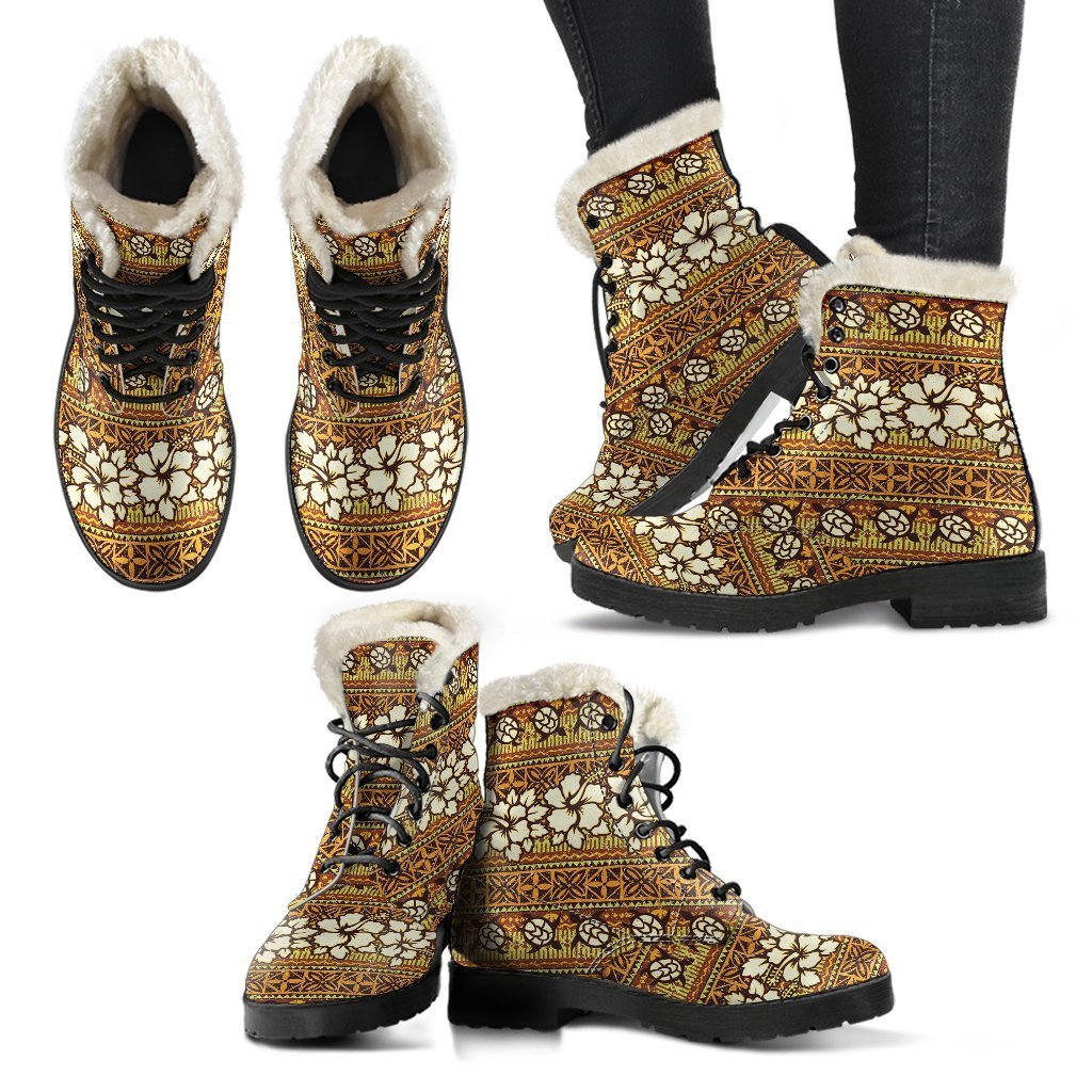 Sea Turtle Aztec Hibiscus Hawaiian Pattern Print Comfy Winter Boots-grizzshop