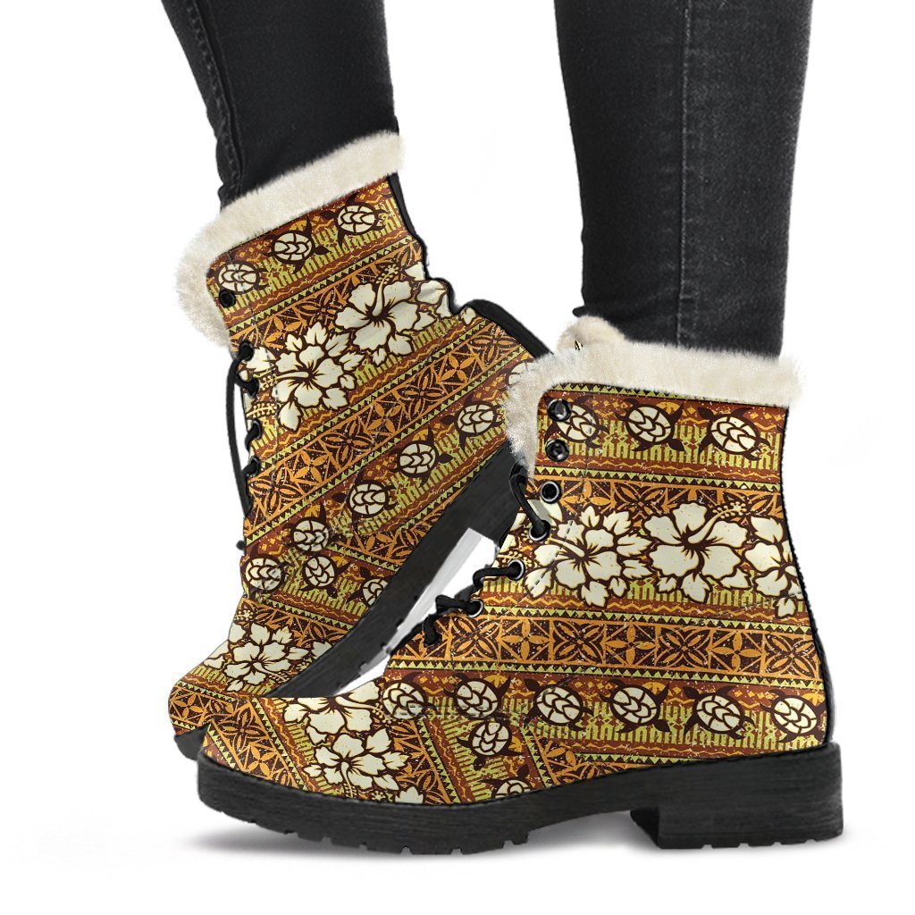 Sea Turtle Aztec Hibiscus Hawaiian Pattern Print Comfy Winter Boots-grizzshop