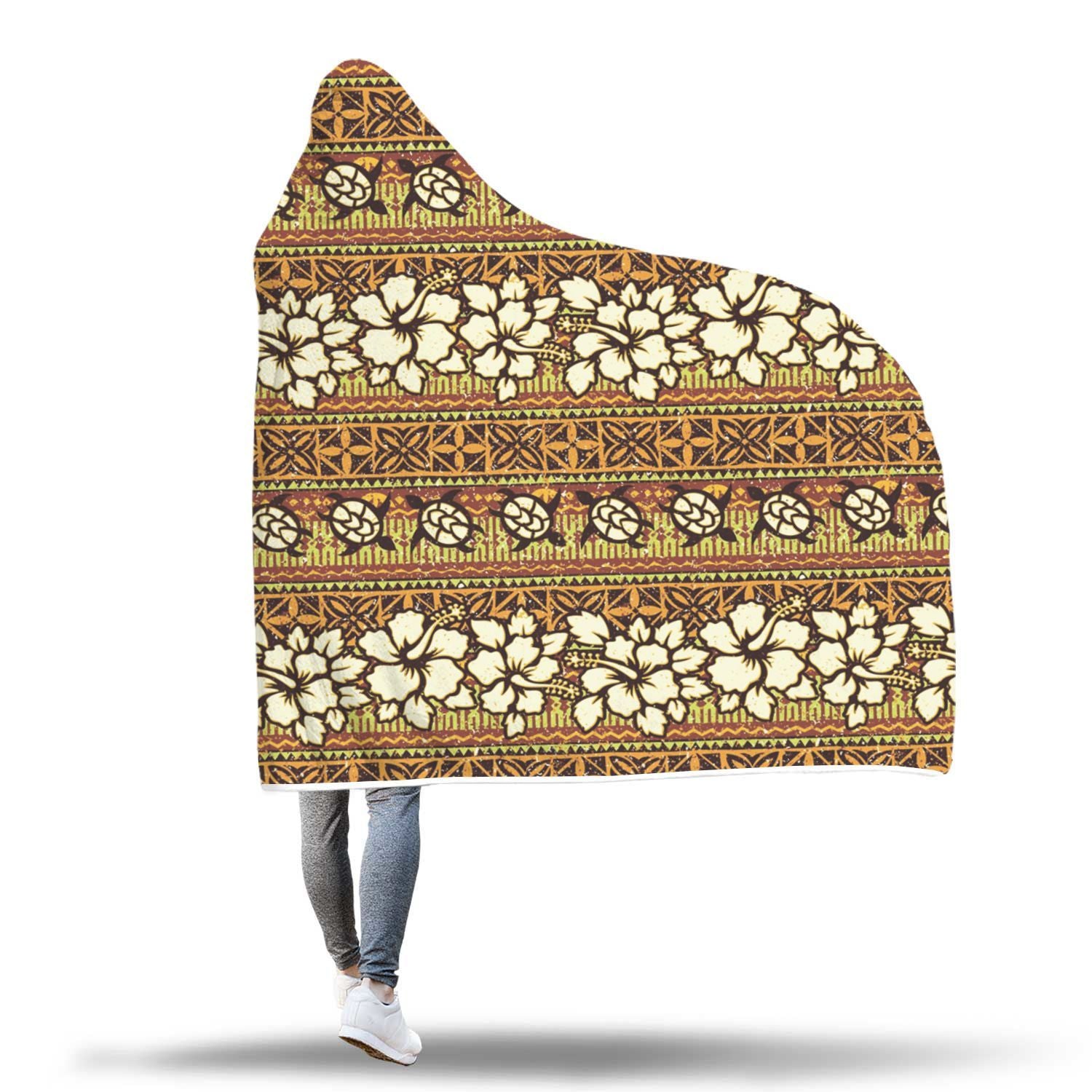 Sea Turtle Aztec Hibiscus Hawaiian Pattern Print Hooded Blanket-grizzshop