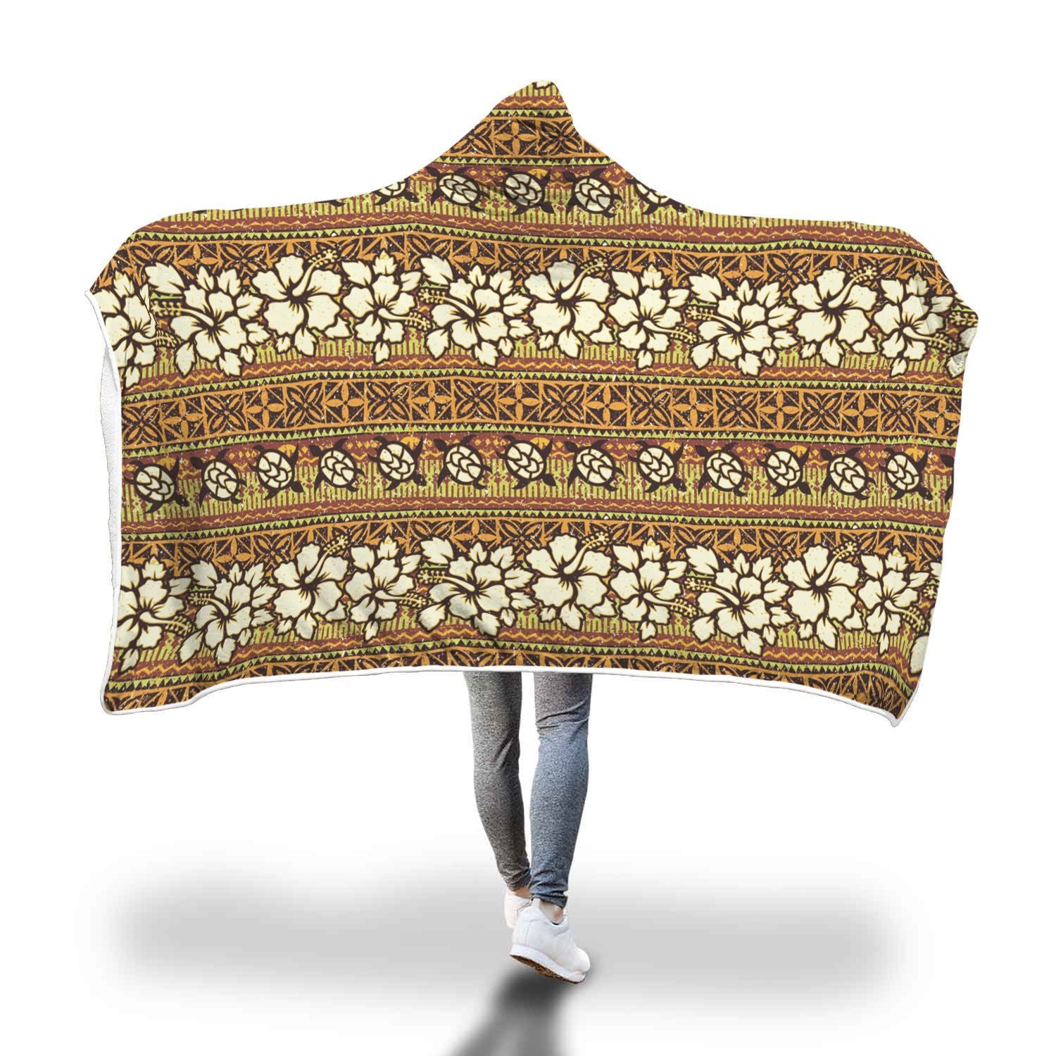 Sea Turtle Aztec Hibiscus Hawaiian Pattern Print Hooded Blanket-grizzshop